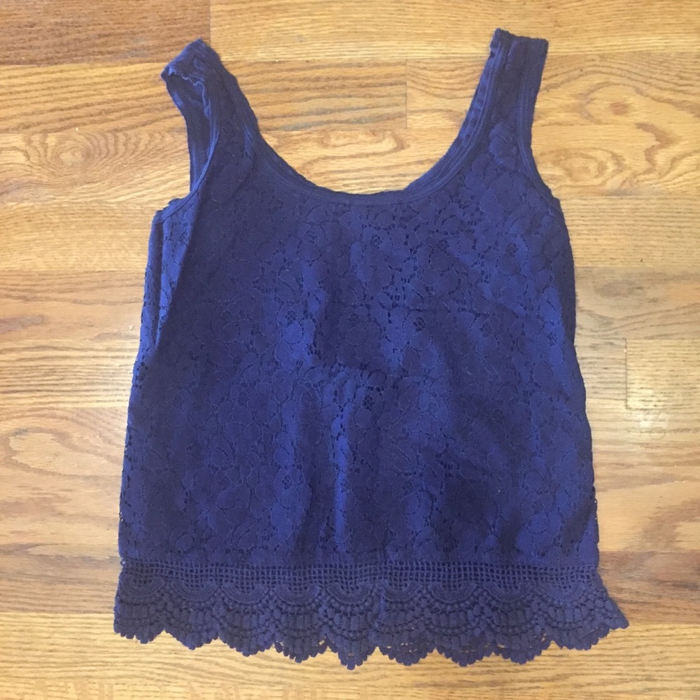 Blue tank with lace pattern on front